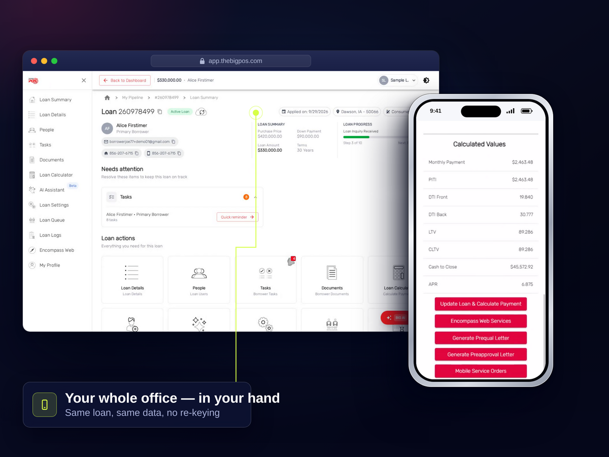 The BIG POS borrower document vault on a phone on a phone — the BIG POS mobile experience