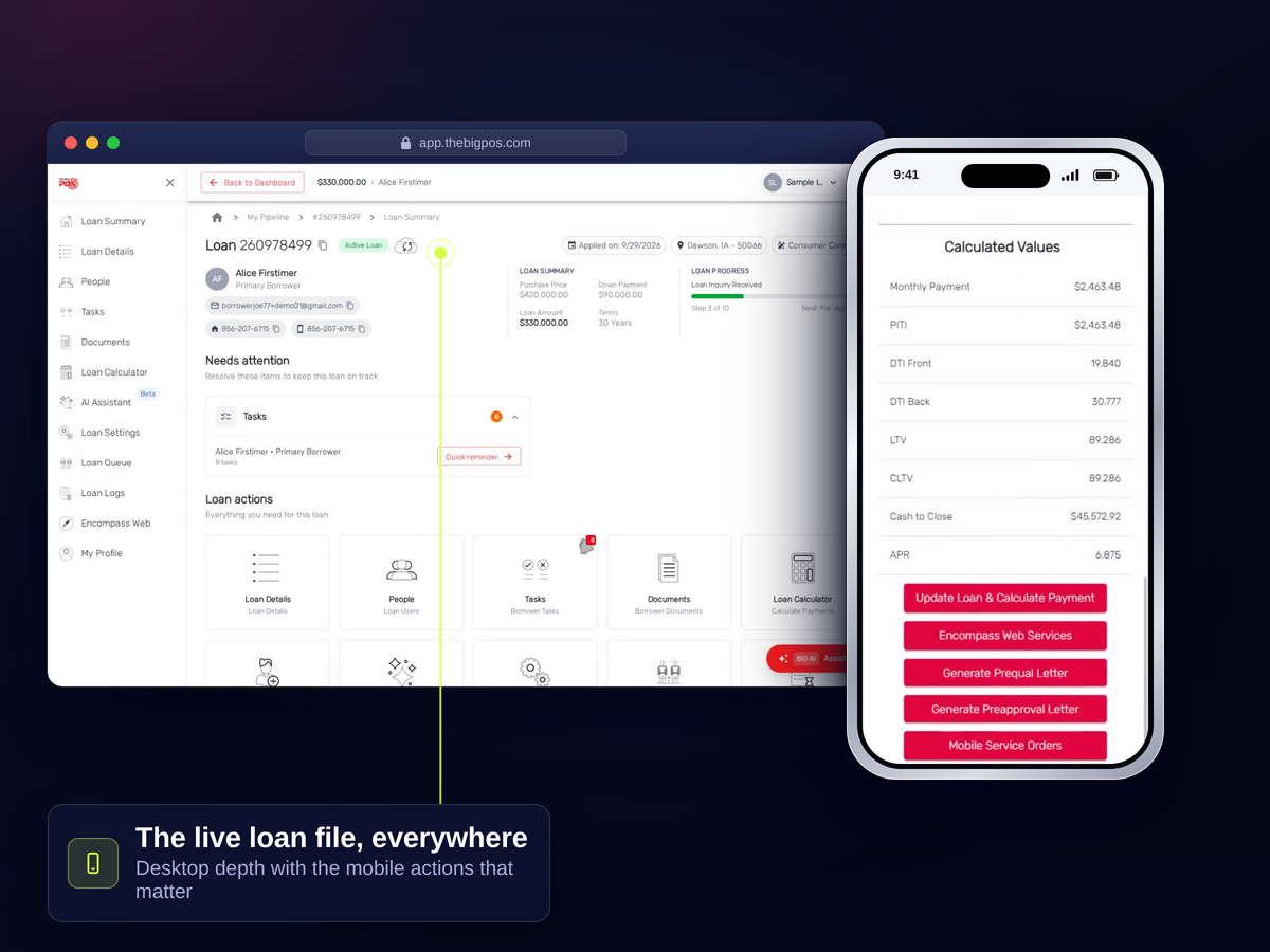 The BIG POS mobile app — LOA voice assistant answering from the live loan file